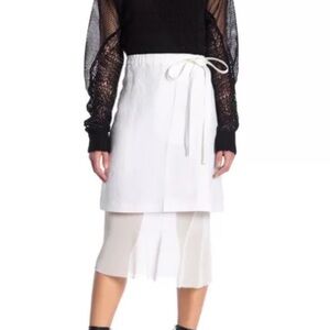 Helmut Lang layered Ruched-Waist tie Linen Skirt with mesh Hem lining white